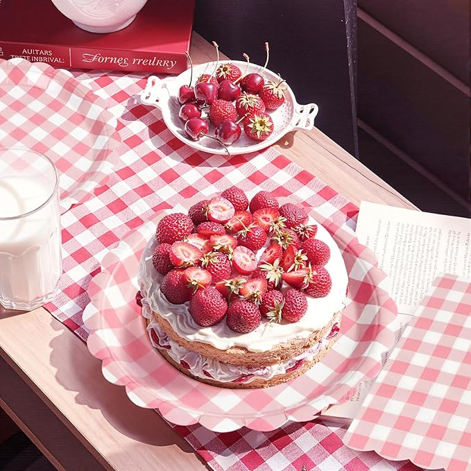 96Pcs Pink Gingham Plates and Napkins Forks Lace Plaid Paper Plates for 24 Guest Picnic Wedding Baby Shower Tea Kids Birthday Party Supplies Decrations