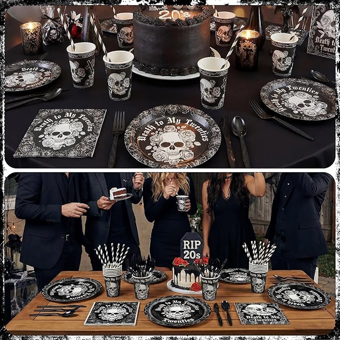 450 Pcs Death to My 20s Tableware Set Black White 30th Birthday Party Decorations Rip to My 20s Paper Plates Napkins Cups Cutlery Straws for Funeral Youth Birthday Supplies, Serves 50