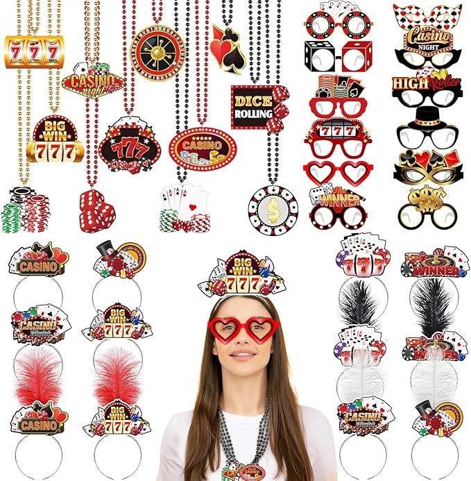 Landical 36 Pcs Casino Night Party Supplies 12 Beaded Necklaces 12 Hat Headbands 12 Paper Night Glasses Prop Accessories Tiaras Poker Dice Sign Casino Party Favors Las Vegas Game Decorations