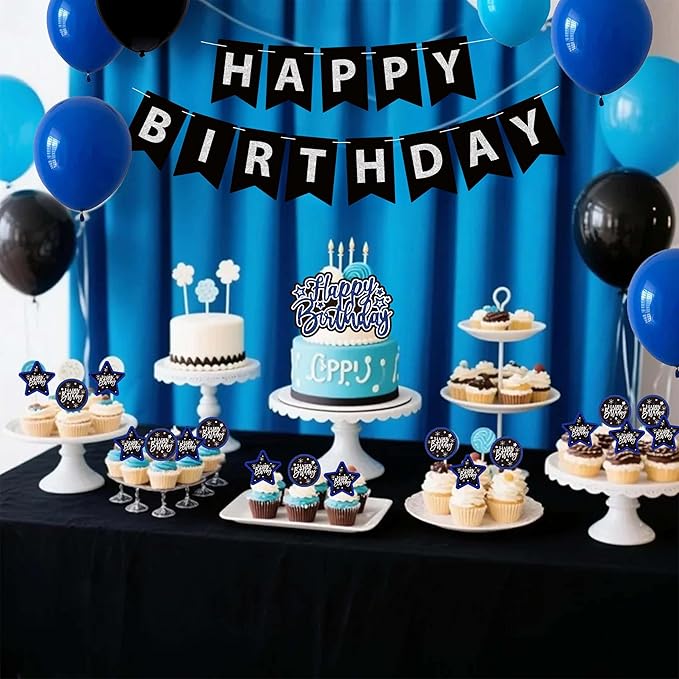 Black And Blue Birthday Decorations for Men,Fringe Curtains Happy Birthday Banner,Red balloons,Cake Toppers for Boys
