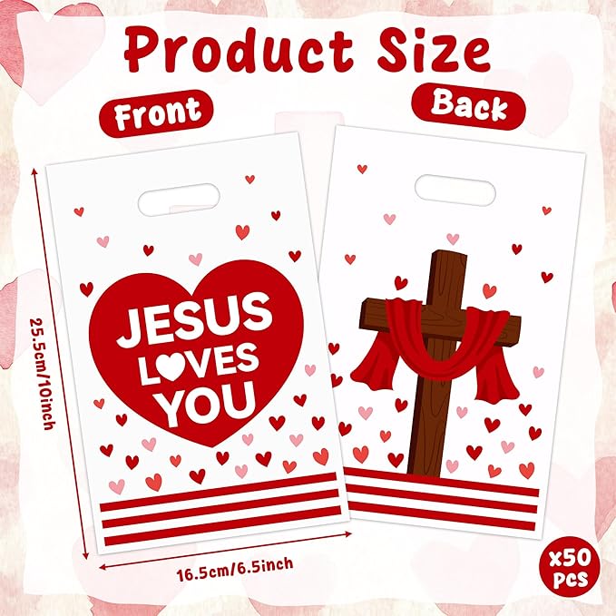Jesus Loves You Party Favor Bags - 50Pcs Red Heart Jesus Cross Christian Goody Candy Treat Bags for Baptism Party Decorations for Valentine’s Day Religious Church Sunday School Birthday