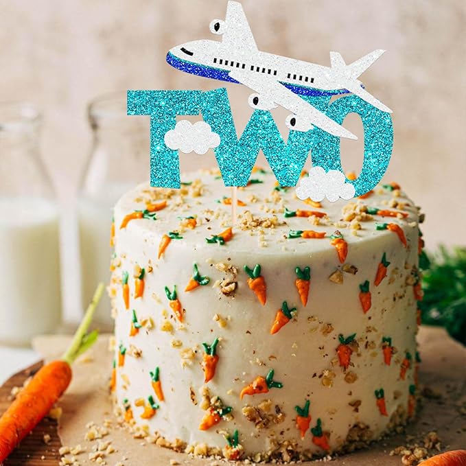 1 Pack Two Airplane Cake Topper Glitter Airplane Sign Oh How Time Files Cake Pick Second Birthday Cake Decorations for Plane Theme 2nd Year Old baby shower Birthday Party Supplies Blue White