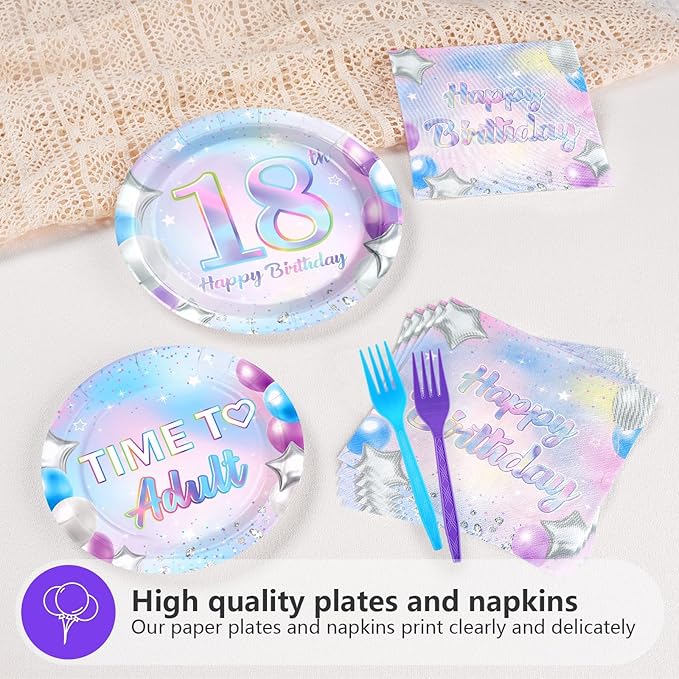 Grencian 96Pcs 18th Birthday Decorations Iridescent 18th Birthday Party Plates Disposable Happy 18 Bir-thday Paper Tableware Set for Teen Girls 18 Years Old Party Supplies Serves 24