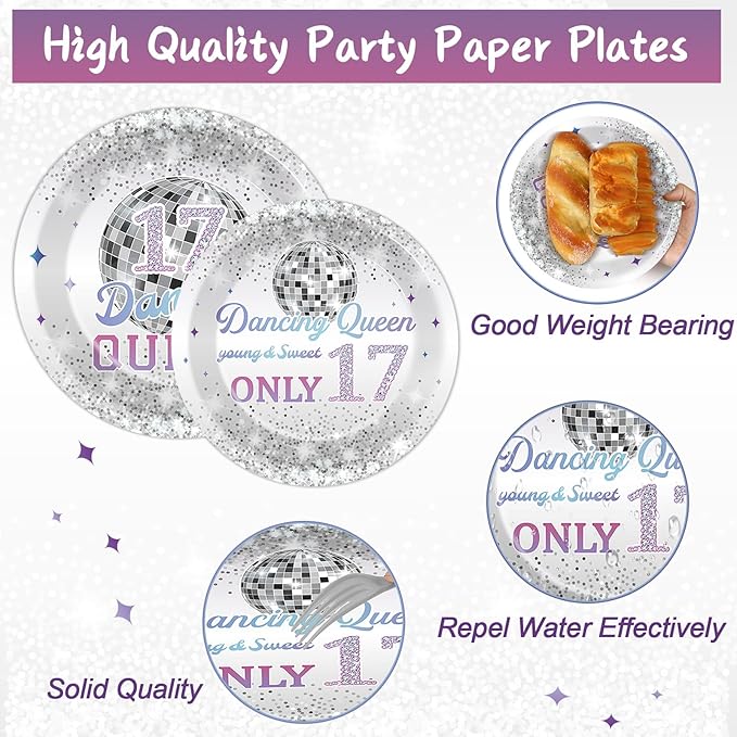 CHUNNIN 96Pcs Dancing Queen Plates and Napkins for 17 Birthday Party Decorations for Girls Silver 17 Year Old Dessert Plates Dancing Queen Tableware Set for 24 Guests 17 Birthday Party Supplies