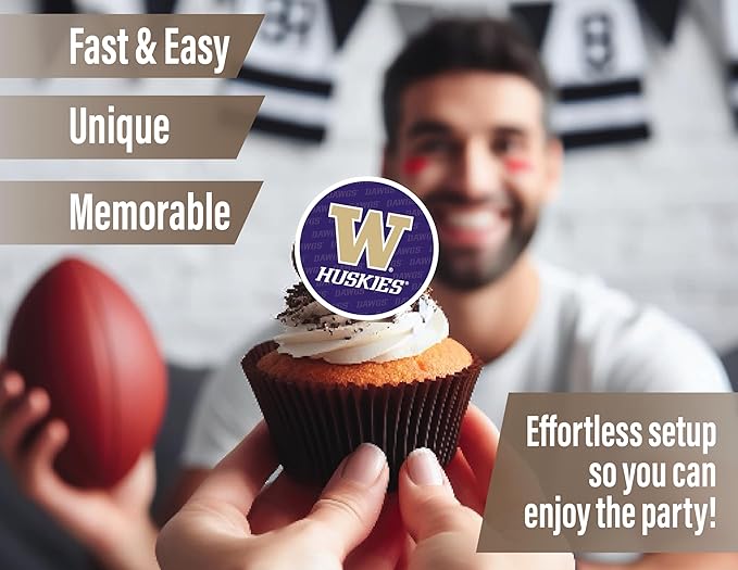 Washington Cupcake Topper Party Supplies for Football, Birthday, Graduation Party Decorations (24 Pieces) (Washington Huskies)