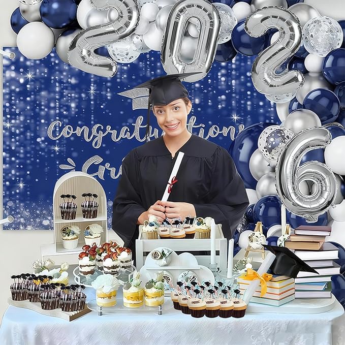 MEHOFOND Class of 2026 Graduation Balloon Arch Kit 152PCS Blue Silver Congrats Grad Decorations with 2026 Number Balloons for High School College Graduation Party Supplies