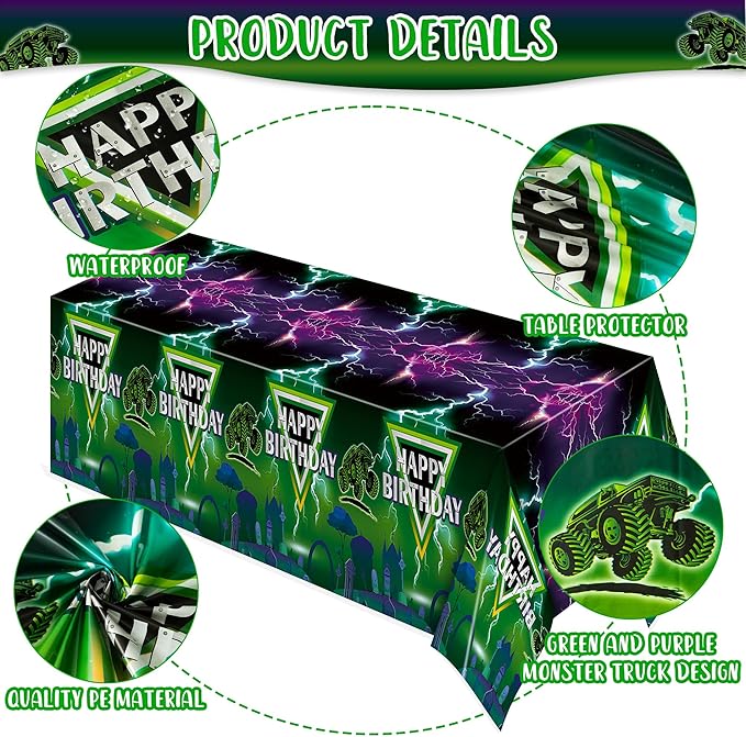 Green and Purple Monster Truck Tablecloths - Monster Truck Happy Birthday Disposable Rectangle Table Cover for Baby Shower Kids Birthday Party Dinner Table Decoration 108×54 inches (3)