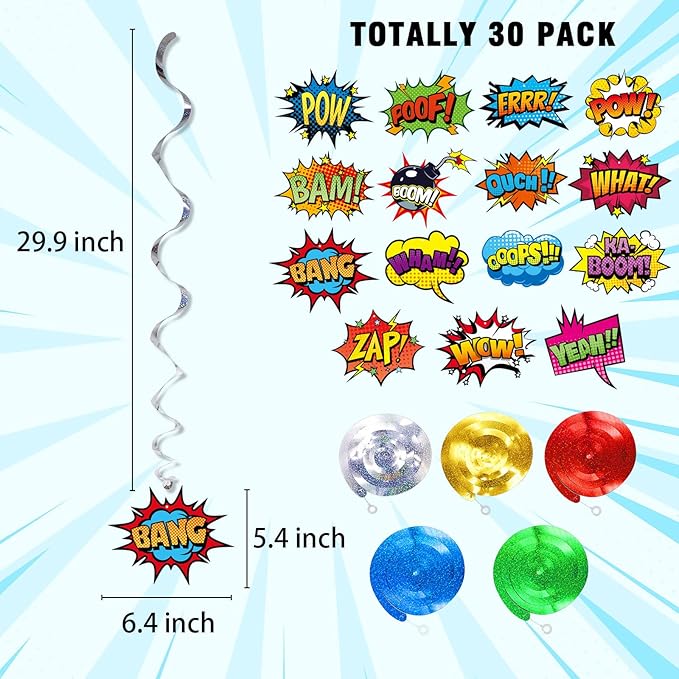 Superhero Hanging Swirls 30 Pack Hero Action Sign Foil Ceiling Hanging Swirls Streams Banner Decor Garland for Kids Superhero Baby Shower Celebrating Events Birthday Party Supplies Room Wall Decor