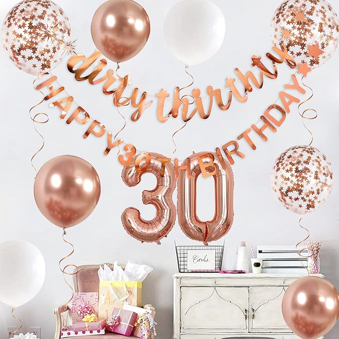 Rose Gold Dirty Thirty Happy 30th Birthday Banner Garland Foil Balloon 30 for Womens 30th Birthday Decorations Hanging Dirty Thirty 30 Year Old 30 Fabulous Birthday Party Supplies Backdrop for Her