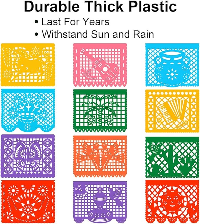 3 Packs Mexican Banners, 66 Ft(22ft x 3) Papel Picado Banner, Large Plastic Mexican Fiesta Banners Cinco de Mayo Party Fiesta Decorations Mexican Themed Birthday Party Supplies 12 Patterns with String