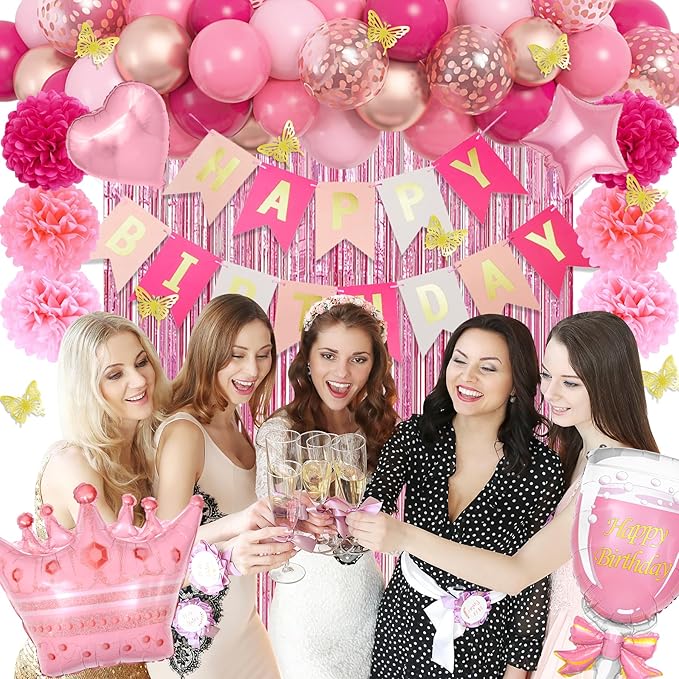Pink Birthday Party Decorations for Women Girls, Foil Confetti Rose Gold Hot Pink Balloons Happy Birthday Banner Fringe Curtains Butterfly Decor Circle Dots Tassels Pompoms Mothers Day Party Supplies