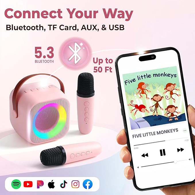 Mini Karaoke Machine for Kids | Pre-Loaded 25 Kids Songs | Bluetooth Speaker, 2 Wireless Microphones | Ages 3, 4, 5, 6, 7+ Year Old Birthday Gift | Toy for Girls, Boys, Toddler