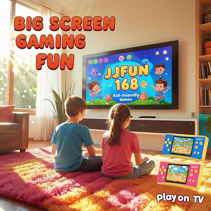 JJFUN Portable Game Console for Kids – 3.2" Screen, 168 Built-in Classic Games, Plug & Play on TV, Rechargeable, Ideal Gift for Boys & Girls, Great for Travel, Holidays & Birthdays