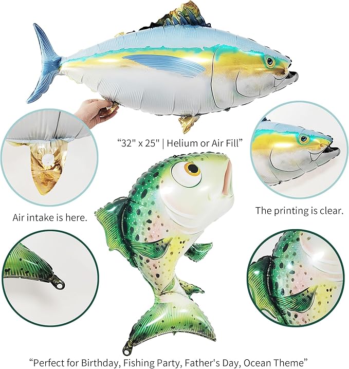 Realistic Fish Foil Balloons 4 Pack for Fishing Party Decorations - Gone Fishing Themed Birthday Supplies, Ocean Under the Sea Party Balloons, O-fish-ally One Decor (Tuna & Salmon)