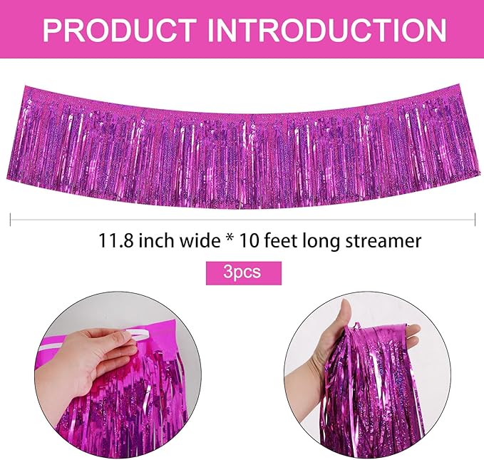BEISHIDA 3 Packs Metallic Foil Fringe Garland Laser Rose Red Wall Hanging Tinsel Fringe Banners for Car Floats Bridal Shower Wedding Birthday Valentine's Day Anniversary Party Decoration(30 Feet)