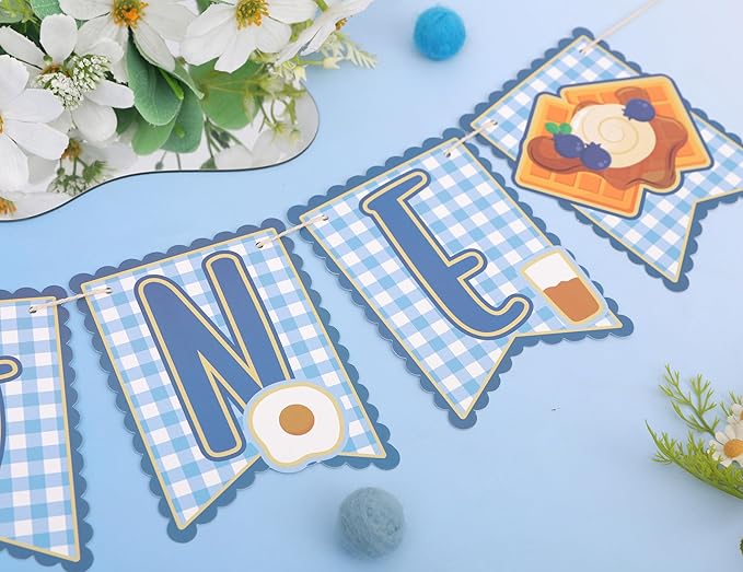 Brunch 1st Birthday High Chair Banner - Breakfast First Birthday Party Decorations, Pancakes and Pajamas Party Supplies, Breakfast Food Party Banner, Pancake and Waffle Cake Smash Photo Props (Blue Brunch Banner)