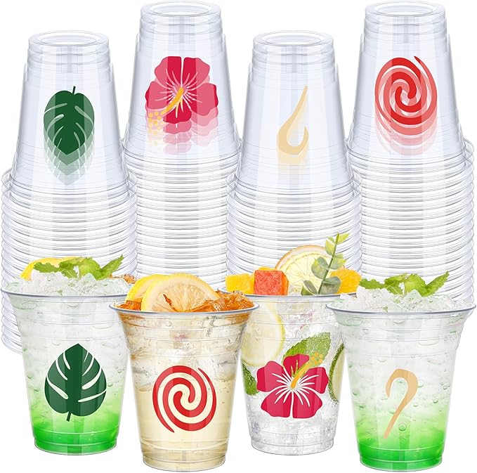 Pinkunn 100 Pcs Ocean Themed Plastic Cups Bulk Clear Plastic Sea Navigation Themed Mug Cups 16oz Flower Luau Mug Hawaiian Party Drinking Tumblers for Hawaiian Party Supplies