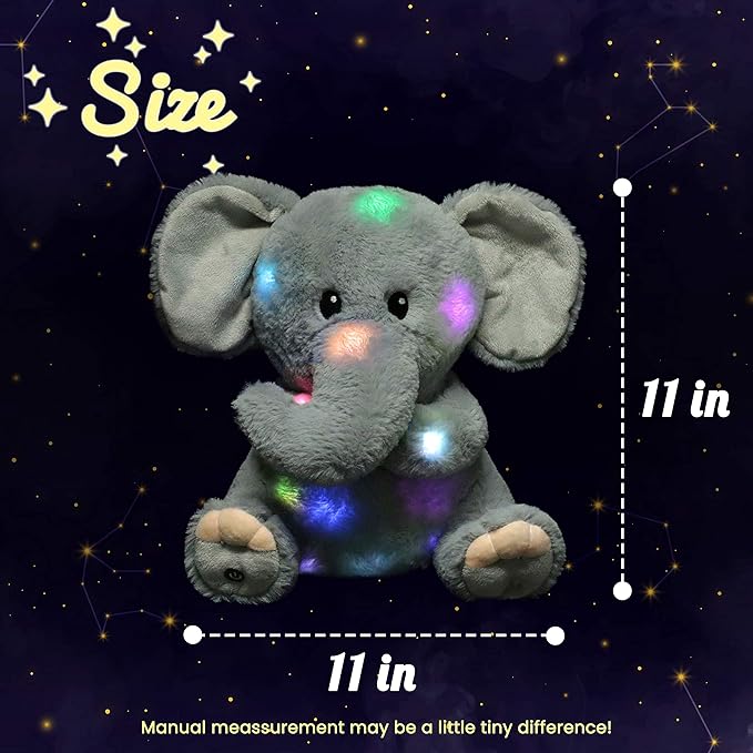Hopearl LED Plush Elephant Lighting Up Stuffed Animal Floppy Night Lights Glow in The Dark Birthday Festival for Kids Toddler Girls, Gray, 11''