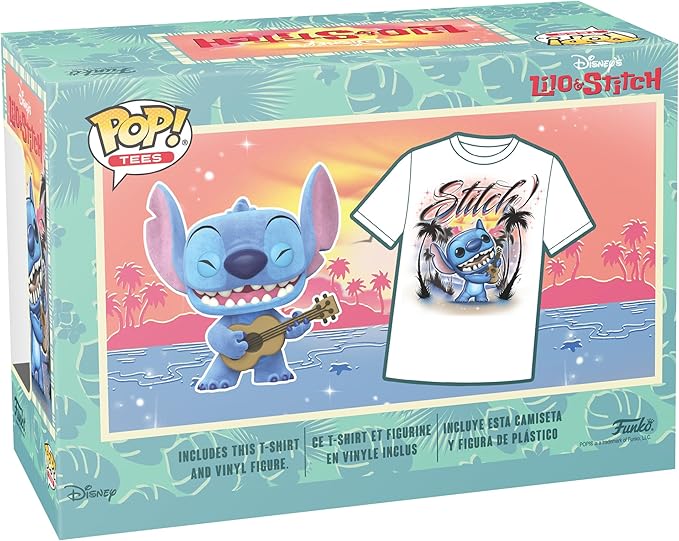 Funko Pop! &Tee: Lilo and Stitch - Ukelele Stitch (Flocked) - 3 Extra Large - (3XL) - T-Shirt - Clothes with Collectable Vinyl Minifigure - Gift Idea - Toys and Short Sleeve Top for Adults Unisex
