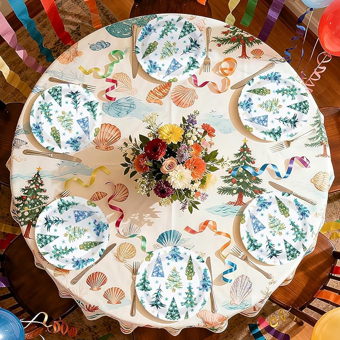 50Pcs Coastal Winter Paper Plates Seashell Beach Christmas Tree Plates 10" Large Heavy Duty Dessert Platters Blue Coastal Xmas Decorations for Ocean Merry Christmas Xmas Holiday Party Supplies