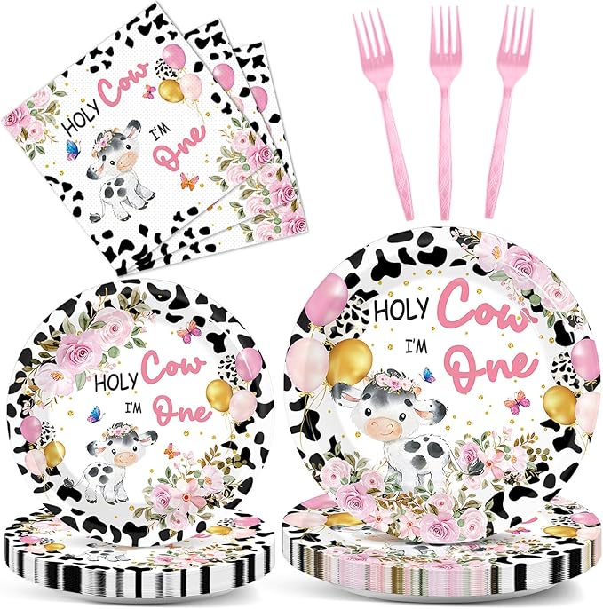 gisgfim 96Pcs Holy Cow I'm One Party Supplies Pink Cow Print Paper Plates Napkins Floral Cows First Birthday Party Tableware Set Dinnerware for Girl 1st Birthday Table Dinner Decoration Serve 24