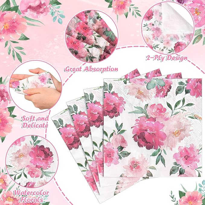100 Pcs Pink Floral Napkins, Disposable Watercolor Flower Napkin Spring Cocktail Napkins Decorative Blossom Dinner Napkin for Tea Party, Garden Party,Baby Shower,Bridal Shower