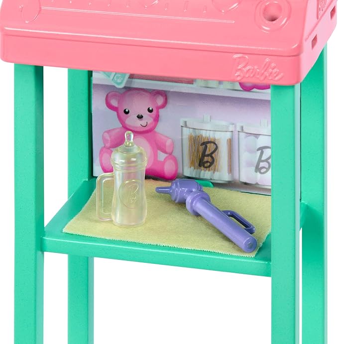 Barbie Baby Doctor Playset with Brunette Fashion Doll Wearing Pink Scrubs, Baby Doll, Furniture & Accessories