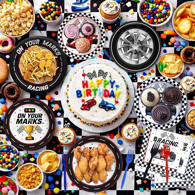 96 Pcs Race Car Birthday Party Decorations (Serves 24), All-in-1 Cars Decorations Supplies Include Include Plates Napkins Forks for Race Day