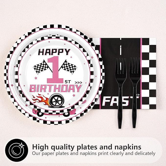 96Pcs Fast One Party Decorations for Girls Pink Race Car 1st Birthday Plates and Napkins Tableware Set Racing Car 1 Year Old Party Decorations Favor for Baby Shower First Birthday Supplies Serves 24