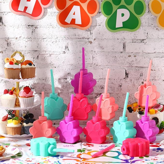 Sratte 24 Pieces 10 oz Dog Paw Cups for with Straw and Lid Dog Theme Birthday party Plastic Puppy Paw Print Drinking Cups for Pet Theme Party Supplies Decorations