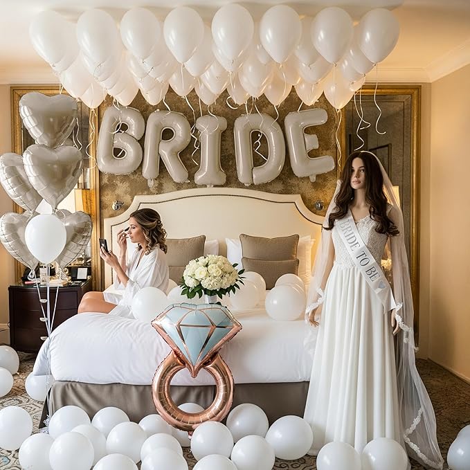 Cream White Bridal Shower party decorations with huge 40 Inch BRIDE letter Pearl Balloons BRIDE to be Sash Bridal Veil and Diamond Ring Heart shape Balloons For Bachelorette party Wedding supplies