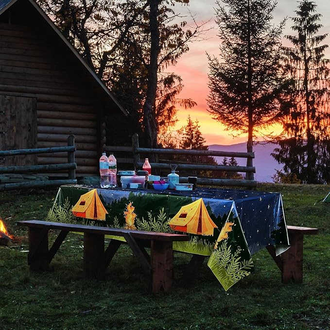 Breling 2 Pieces Camping Party Decorations Camping Tablecloth Plastic Rectangular Campfire Table Cover for Picnic Hiking Adventure Birthday Party Supplies