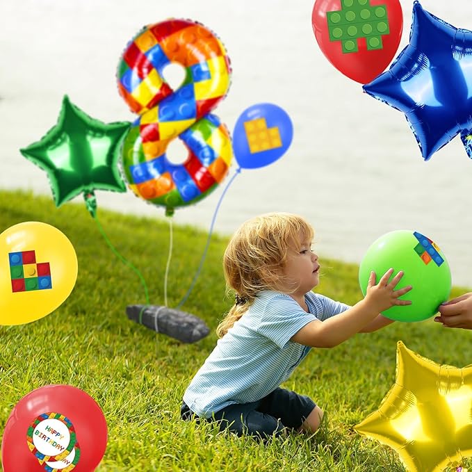 40 Inch Building Block Number Balloon, Colorful Number Block Foil Balloons Large Big Numbers Helium Balloon for Girls Boys 8th Birthday Brick Theme Party Decorations (Number 8)