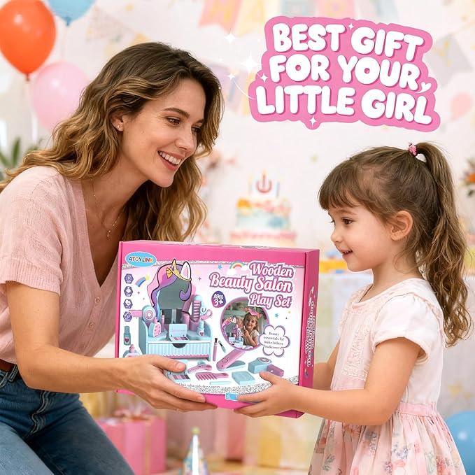 Atoylink Wooden Makeup Vanity Set for Girls, Unicorn Pretend Play Kids Table Toys with Mirror, Drawer, Hair Salon Set & Makeup Accessories, Gift About Princess Dress Up for Toddlers Aged 3, 4, 5-8