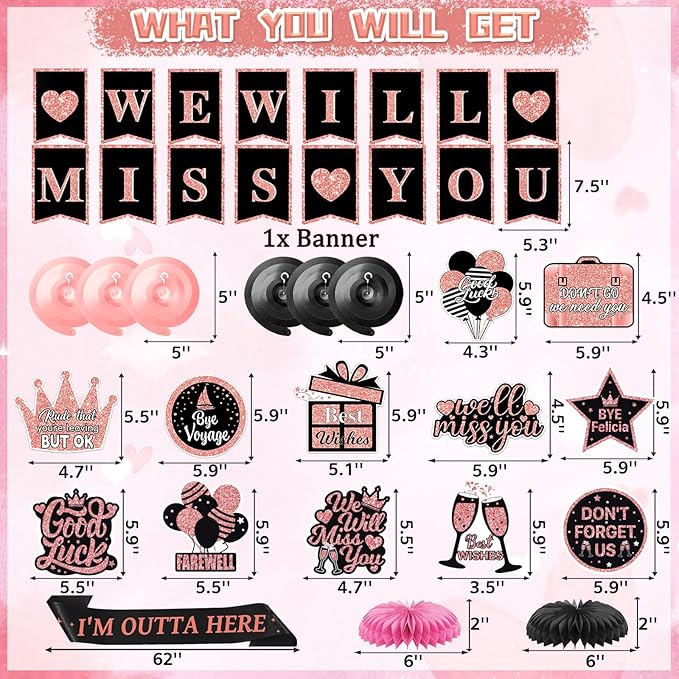 Farewell Party Decorations Supplies Kit,Rose Gold We Will Miss You Decorations Include We Will Miss You Banner Backdrop Table Toppers Paper Pompoms Going Away Party Hanging Swirls Decorations