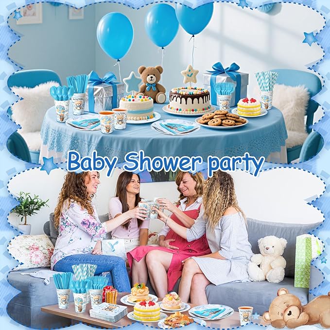 450 Pcs Blue Bear Baby Shower Tableware Set Decorations, We Can Bearly Wait Paper Plates Napkins Cups Cutlery Straws for Blue Baby Shower Gender Reveal Birthday Party Supplies, Serves 50