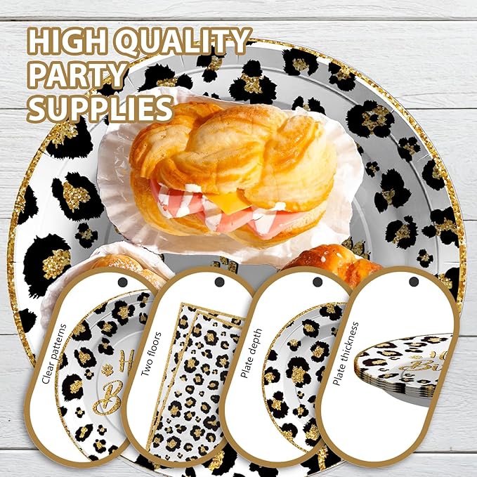 Grencian 96 Pcs Cheetah Print Birthday Decorations White Leopard Plates and Napkins Leopard Print Party Supplies Safari Themed Paper Plates for Jungle Safari Cheetah Theme Party Baby Shower Serves 24