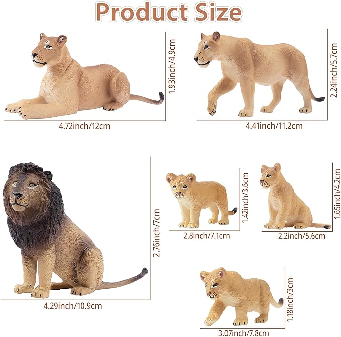 Toymany 6PCS Realistic Lion Figurines with Lion Cubs, 2-5" Wild Life Jungle Animals Figures Family Set Includes Baby Lions, Educational Toy Cake Toppers Easter Birthday Gift for Kids Toddlers
