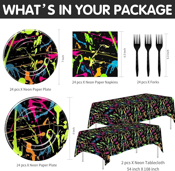 Neon Party Supplies Dinnerware, Neon Graffiti Theme Glow In The Dark Party Decorations Tableware for Birthday Baby Shower, Paper Plate, Napkin, Tablecloth, Fork | Serves 24