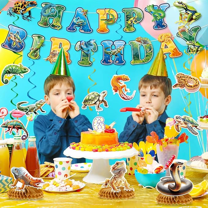 Reptile Birthday Party Decorations Include Reptile Jungle Swamp Happy Birthday Banners Hanging Swirls Honeycomb Centerpieces Safari Animals Lizard Snake Alligator Turtle Party Supplies