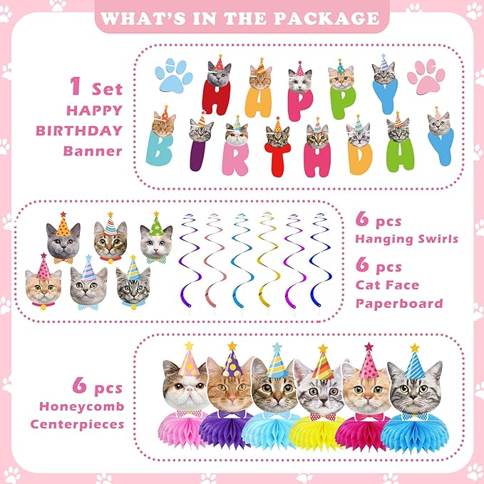Cat Themed Birthday Decorations Cat Party Supplies, Includes 1 Birthday Banner, 6 Honeycomb Centerpieces, 6 Hanging Swirls with 6 Cutouts (Colorful Style)