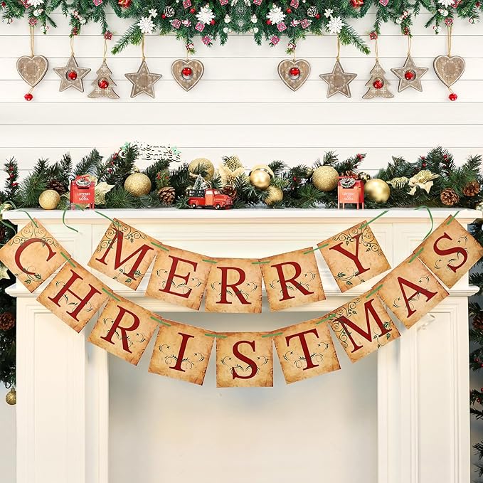 Merry Christmas Banner Vintage Christmas Garlands Decorations for Indoor Home Office Wall Window Door Fireplace Mantle Xmas Tree Decorations