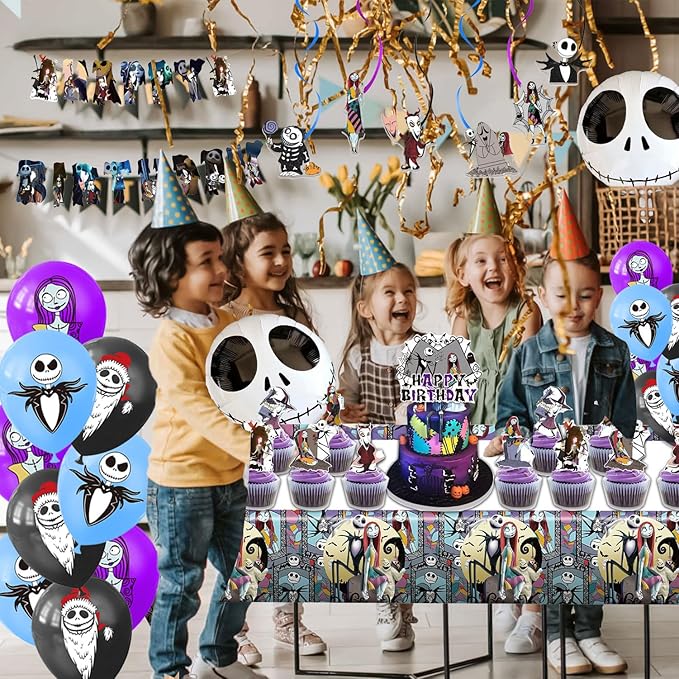 Birthday Decorations, Nightmare Christmas Party Supplies Halloween Birthday Party Decorations Set Includes Banner Balloons Tablecloth Backdrop Hanging Swirls Cake Toppers