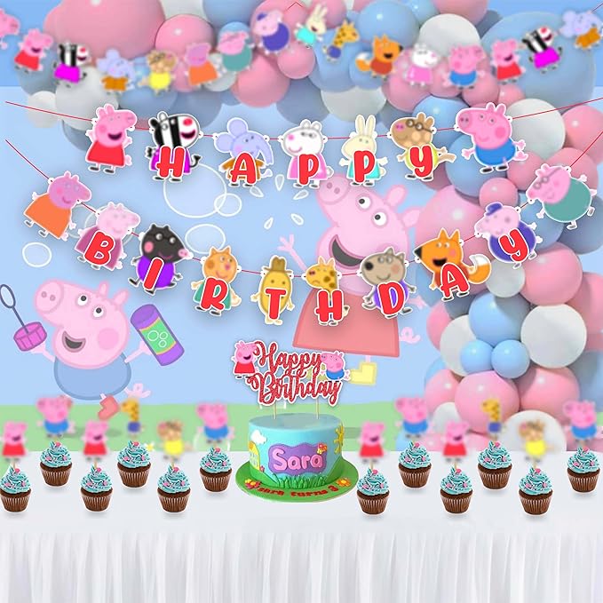 "Pepa Pig Theme Birthday Party Supplies – Cartoon Character Birthday Decorations – Happy Birthday Banner, Cake Topper, Cupcake Toppers & Party Décor for Boys and Girls Celebrations"