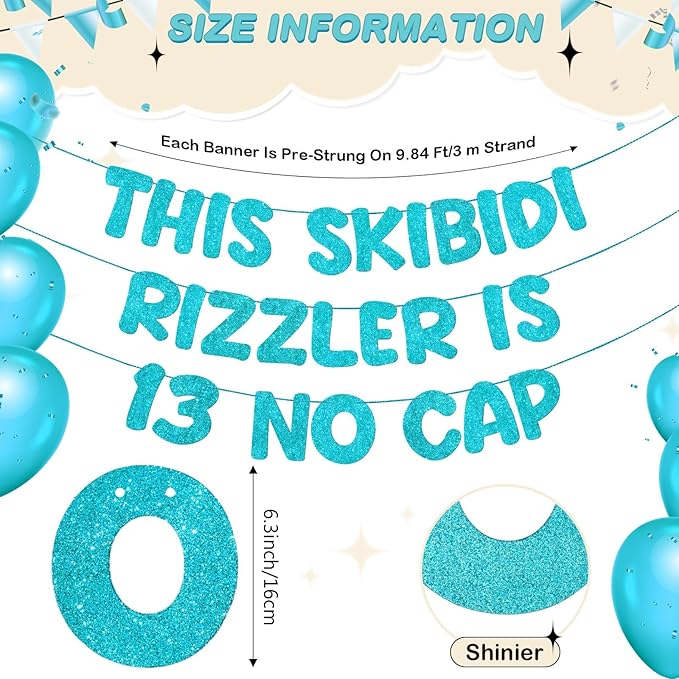 Fulmoon Pre Strung This Skibidi Rizzler Is 13 No Cap Glitter Banner 13th Birthday Party Decorations, Funny Birthday Sign, Party Supplies, Ideas, Gifts(Sky Blue)