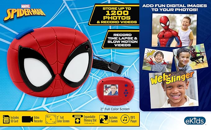 ekids Spiderman Kids Camera with SD Card, Digital Camera for Kids with Video Recording, Built-in Digital Stickers (Spiderman)