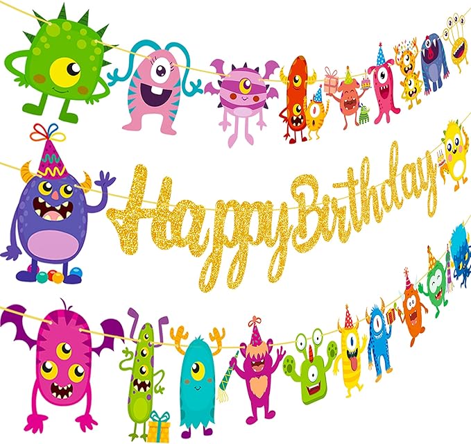 Monster Happy Birthday Banner Monster Bash Birthday Party Supplies Glitter Little Decorations for Kids Little Monster Theme Baby Shower Birthday Banner Supplies