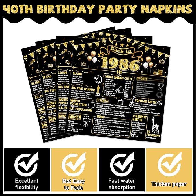 96Pcs 40th Birthday Plates and Napkins Back in 1986 Party Decorations Black Gold 40 Year Old Party Dessert Plates 1986 Birthday Tableware for 24 Guests 40th Theme Men Woman Bday Parties Supplies