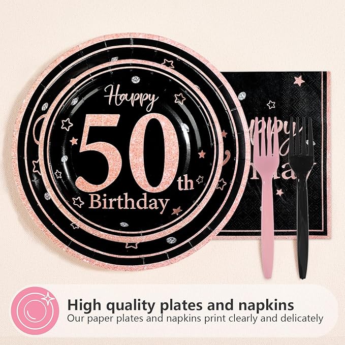96Pcs 50th Black and Pink Birthday Party Supplies 50 Is Fine When You Look 39 Plates and Napkins Black and Pink Theme Tableware Set for Women 50th Birthday Party Decorations Serves 24