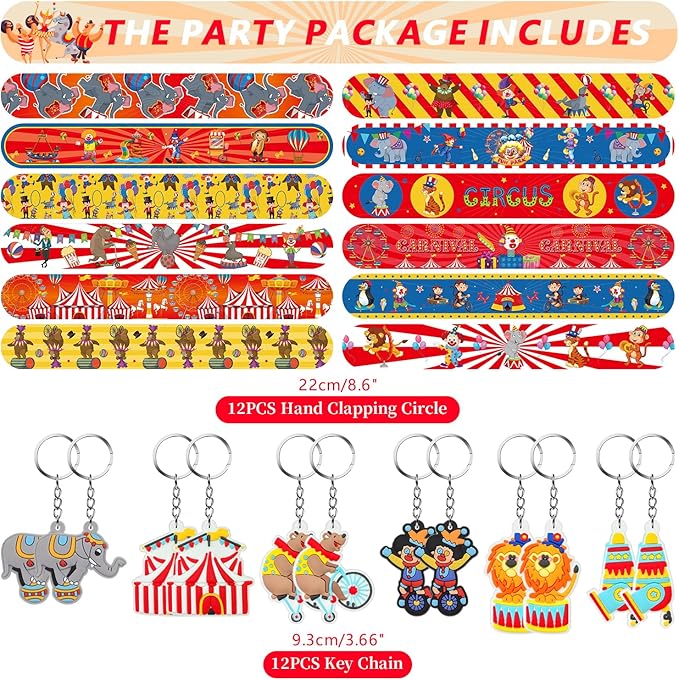 Circus Party Favor Bags, 12 Slap Bracelets, 12 Carnival Party Bags, 12 Tattoo Stickers, 12 Carnival Keychains for Circus Themed Birthday Party Supplies